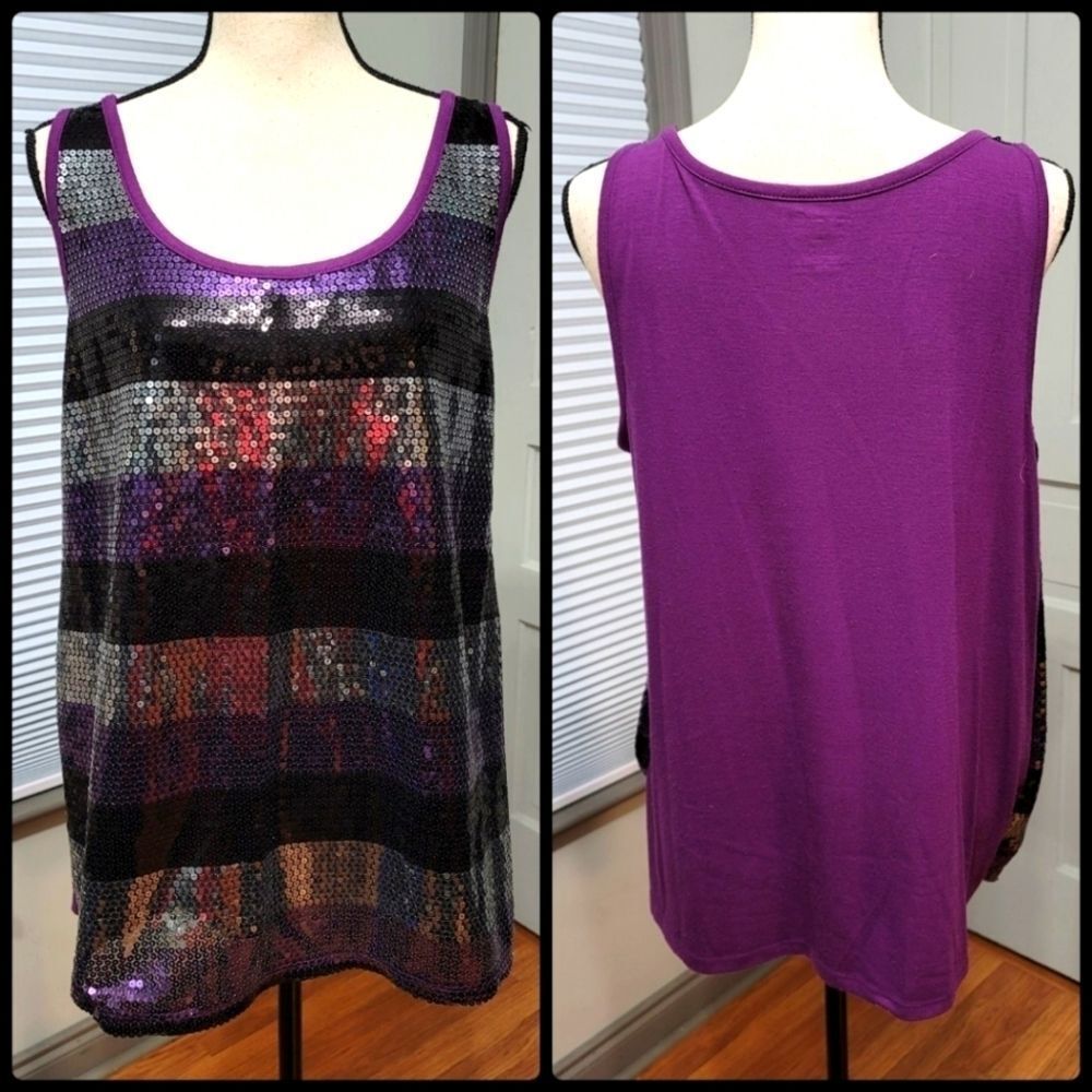 LANE Bryant Purple Silver Sequin Striped Tank Top